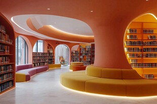 梦幻橙色系创意图书馆空间