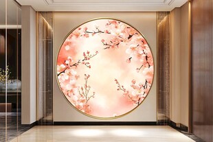 中式圆窗绘烂漫桃花图