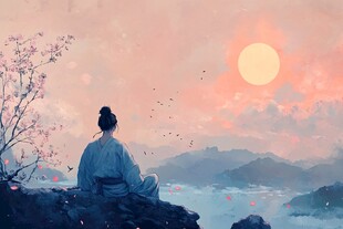 静赏落日的古装人物