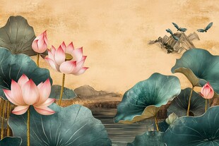 水墨荷花飞鸟中式风景图