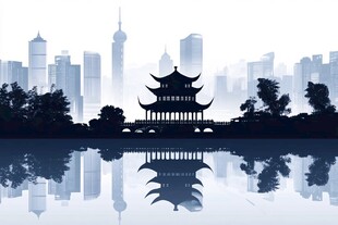 水墨风格下的城市与古典建筑