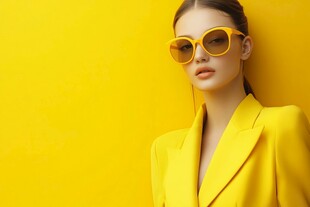 黄色套装美女配黄色墨镜