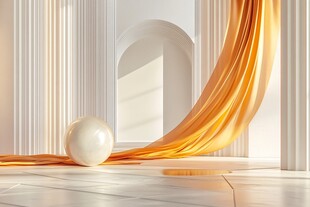 白色空间中的橙绸与圆球