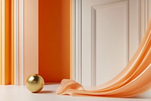橙白空间中的金色球体与绸布