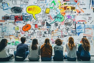 年轻人围坐欣赏创意涂鸦墙