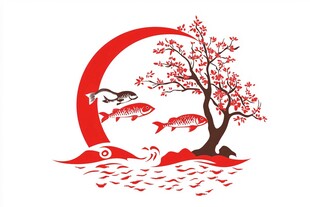 红月锦鲤树影吉祥图景