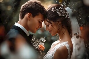 浪漫新婚夫妇深情对视