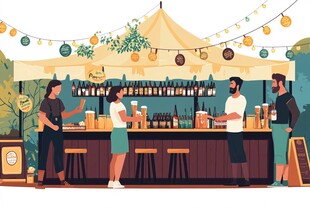 户外酒吧摊位前的休闲场景