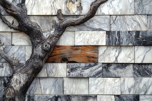 枯树倚于大理石砖墙