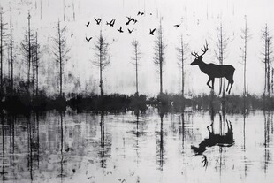 水墨风湖畔鹿与飞鸟图景