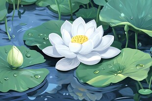 白荷静卧于荷叶与碧水间