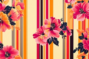 条纹背景上的绚丽花卉图案