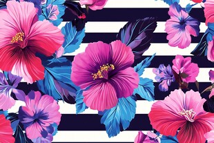 条纹背景上的绚丽花卉图案