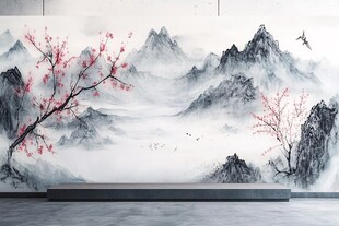 中式山水梅花意境背景墙