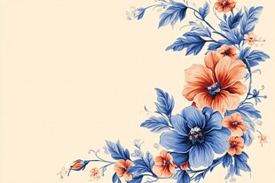蓝橙花卉装饰角隅图案