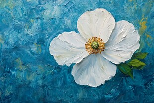 蓝底白花朵油画艺术之美