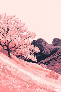 粉色山峦间的烂漫樱花树