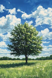 田野孤树 蓝天白云美景