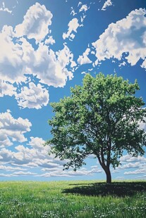 蓝天下的孤树与翠绿草地
