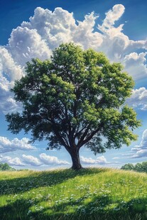 旷野孤树 蓝天白云美景