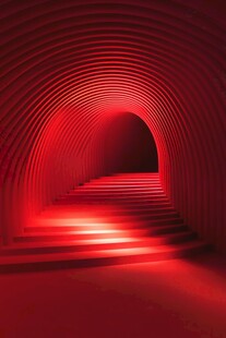 红色隧道中的光影阶梯