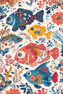 海洋风多彩鱼儿花卉图案