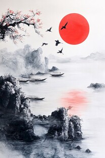 红日映山水 飞鸟伴扁舟