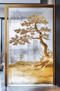 中式金松山水艺术屏风