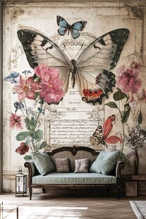 复古花卉蝴蝶主题墙面装饰