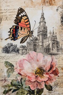 蝴蝶玫瑰与古典建筑图景