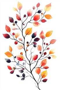 水彩绘秋枝 多彩叶片果