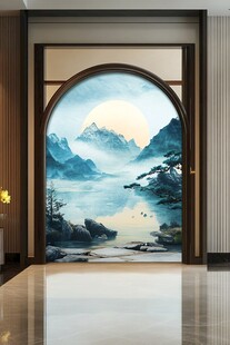 中式拱门山水玄关装饰画