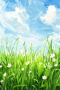 蓝天绿草间的清新小花