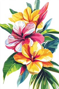 多彩扶桑花与绿叶插画