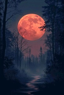 月夜森林中的血色圆月