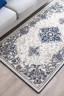 蓝白中式花纹客厅地毯