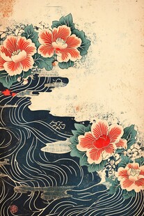 日式花卉海浪复古艺术图