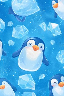 可爱企鹅与冰晶图案背景