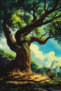 古老巨树矗立奇幻山林间
