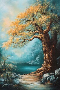 湖畔古树立于幽径之景