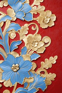 中式红底蓝金花卉浮雕装饰