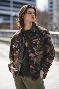 潮流男士身着迷彩外套