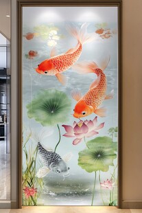 锦鲤荷花玄关艺术玻璃画