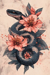 花缠黑蛇的奇幻插画