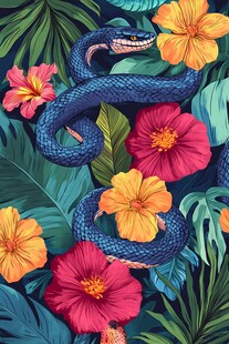 蓝蛇盘绕于绚烂花卉绿植间