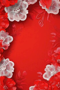 红色蕾丝花卉边框背景图