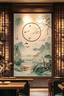 中式餐厅内的山水意境壁画
