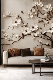 中式浮雕玉兰花客厅装饰景