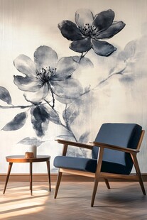 水墨花卉墙前的简约座椅