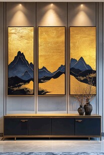 三联金色山水挂画饰客厅